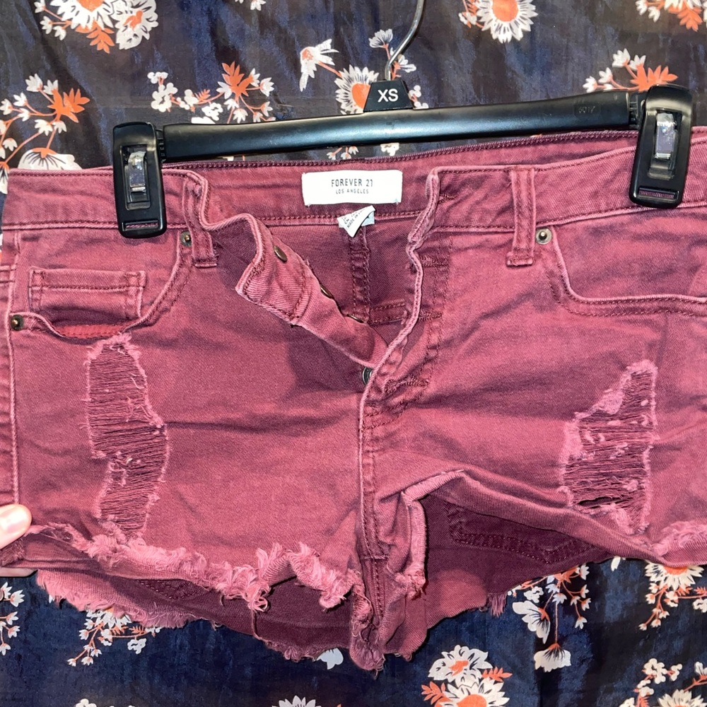 Forever 21 Women's Ripped Maroon Jean Shorts